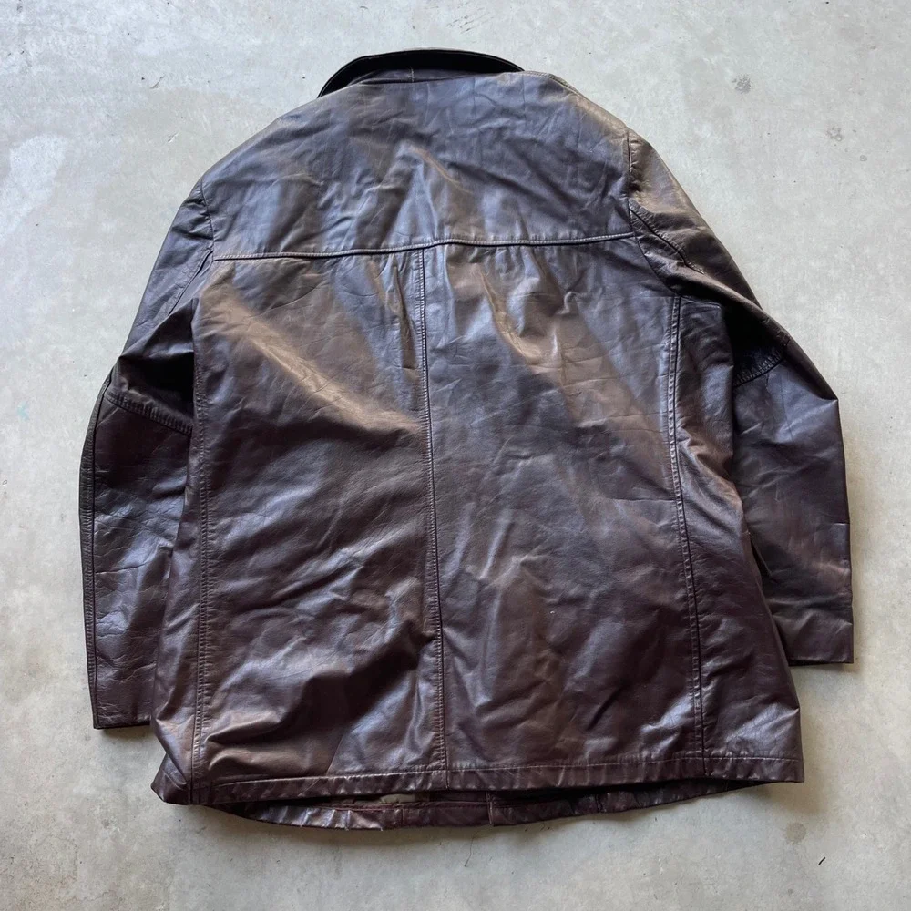 Vintage Dark Brown Leather Car Coat Mens Mid Length Button Front Jacket 25x31